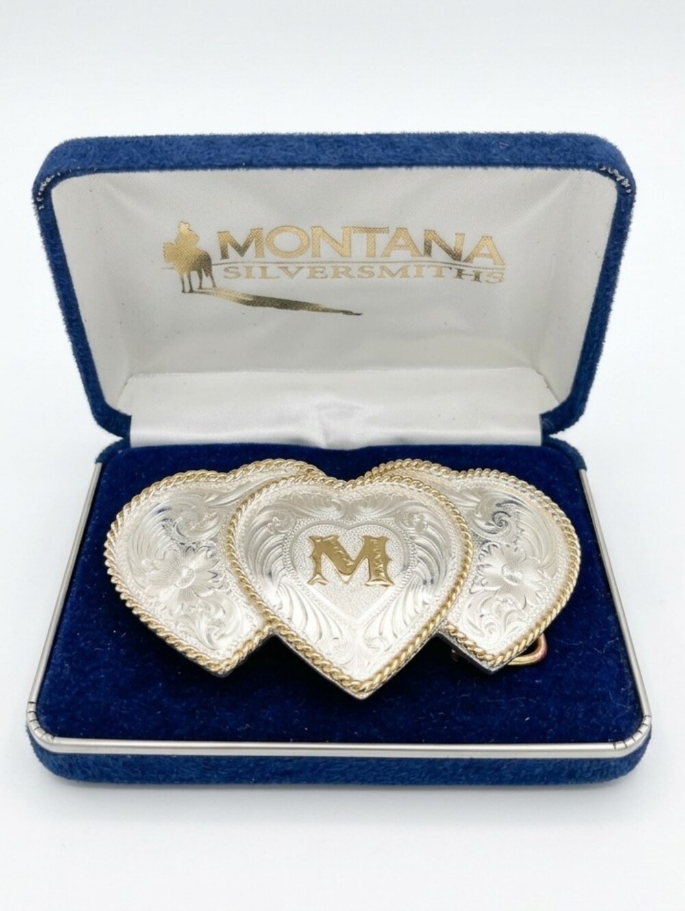 Montana Silversmiths Vintage Silver Plated Triple Heart Monogram M Belt Buckle